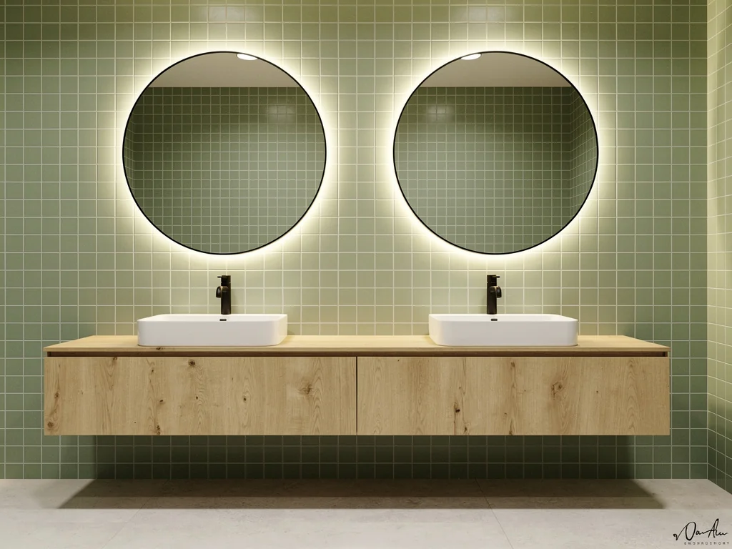 Meuble double vasque en chêne et faïence vert sauge après rénovation