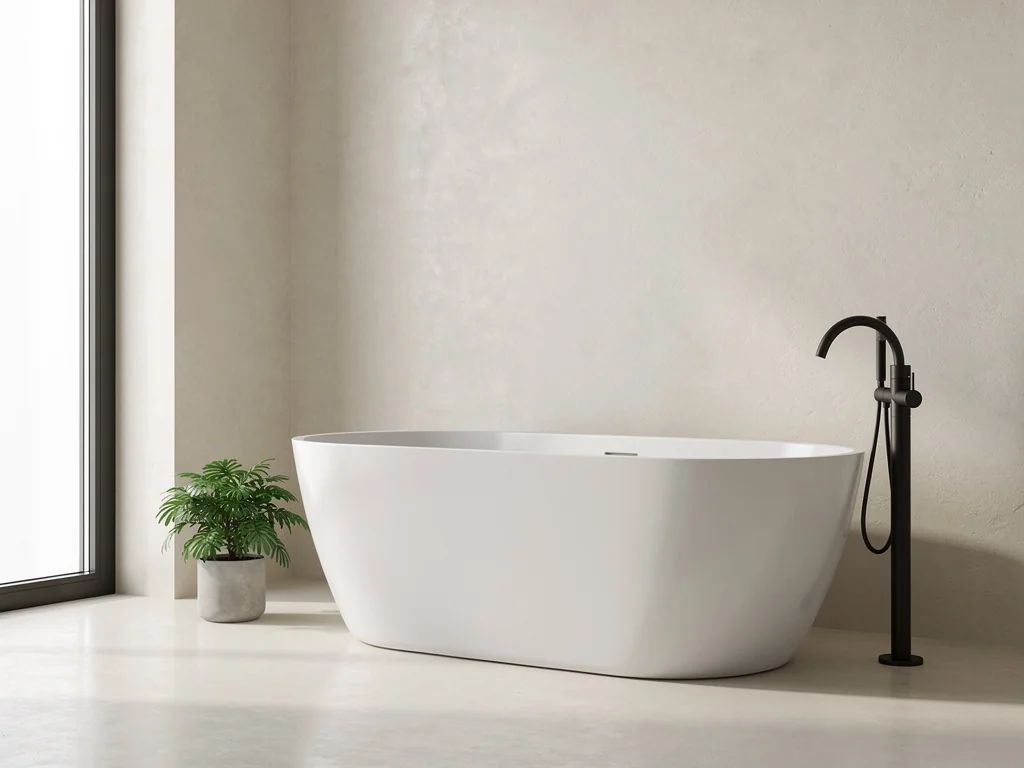 Baignoire îlot sur mur en béton ciré crème et robinetterie noire