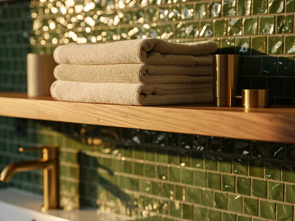 Mur en zellige vert et étagère bois aux finitions laiton d'une salle de bain