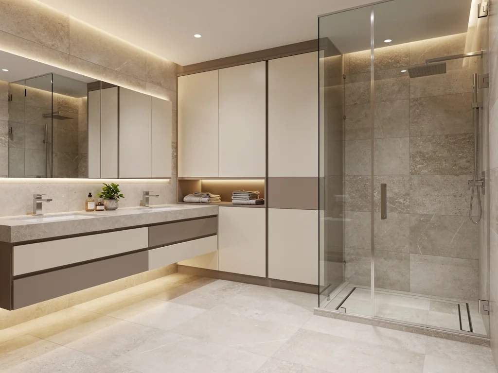 Salle de bain familiale aux rangements intégrés dans des tons crème et taupe